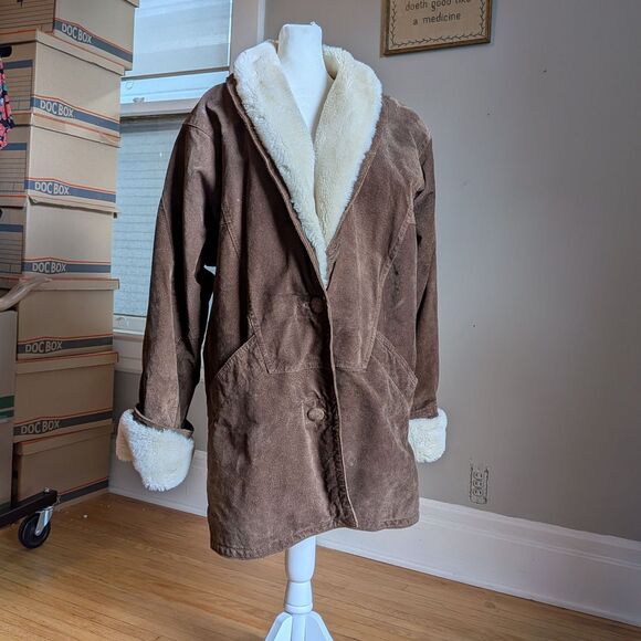 Vintage 90s Midwest Traders Suede Chore Coat Faux Sherpa Leather Jacket Size L - Picture 4 of 10